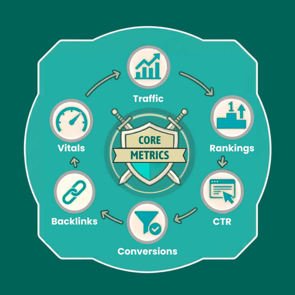 A circular teal infographic detailing essential SEO metrics, featuring icons for click-through rates, keyword rankings, organic traffic, and conversion monitoring.