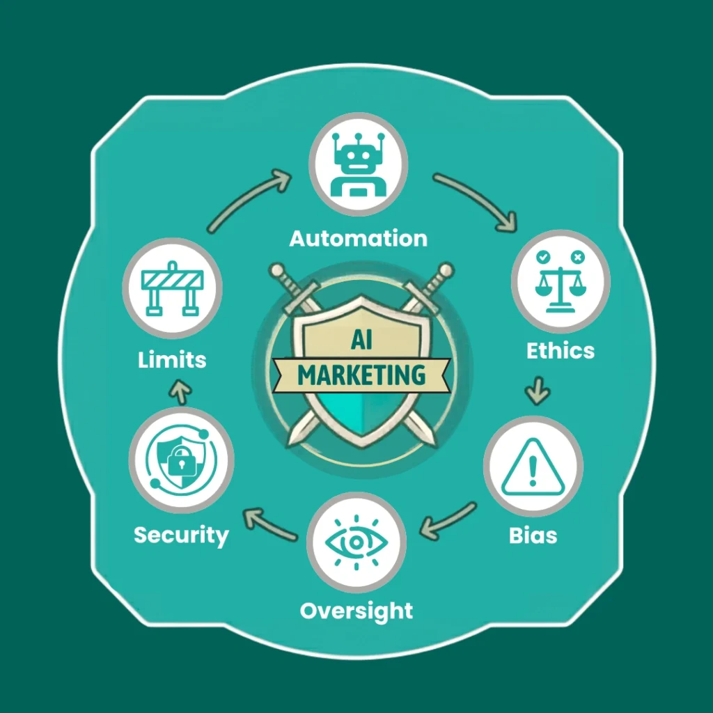 AI marketing challenges and solutions concept with digital icons.