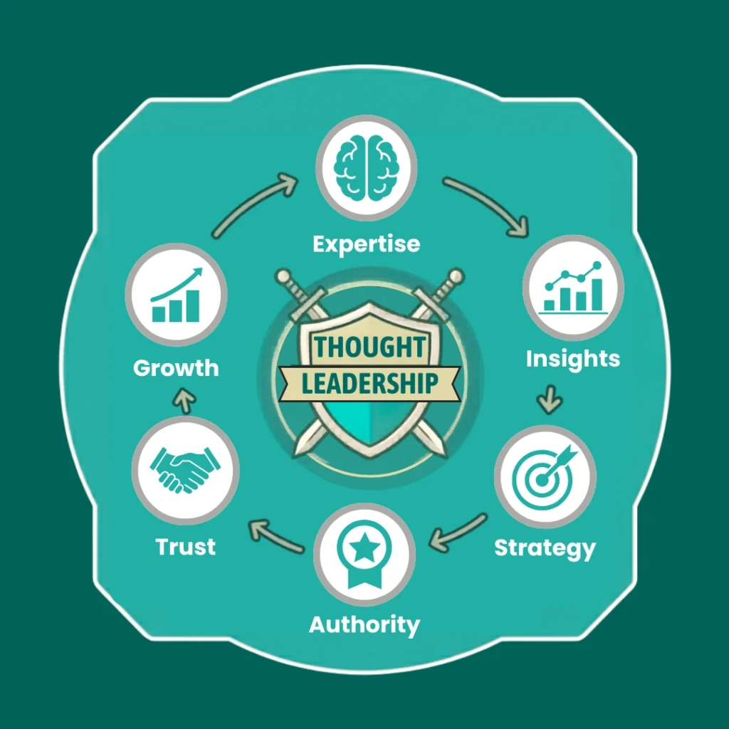 Leadership content strategy concept with business and content icons.