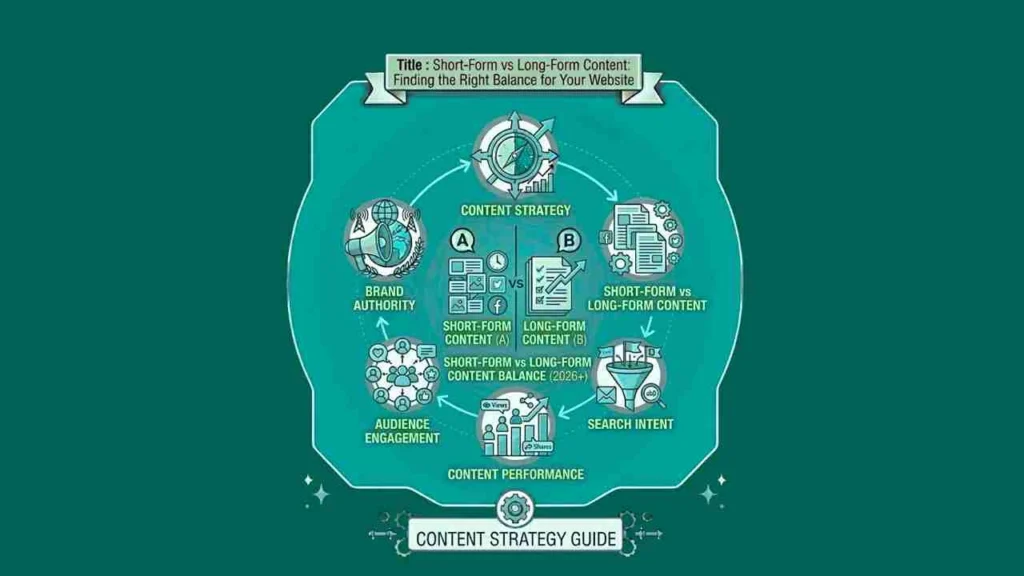 A circular infographic comparing the production and distribution of Short-form vs long-form content for digital marketing.