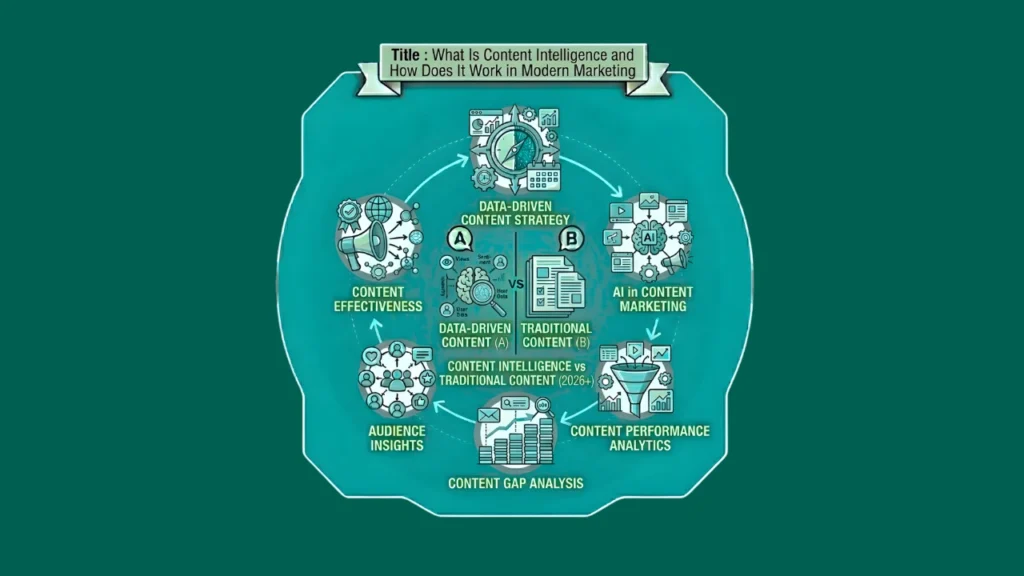A circular infographic illustrating the workflow of Content Intelligence in Modern Marketing, featuring icons for data analysis, audience insights, and content optimization.