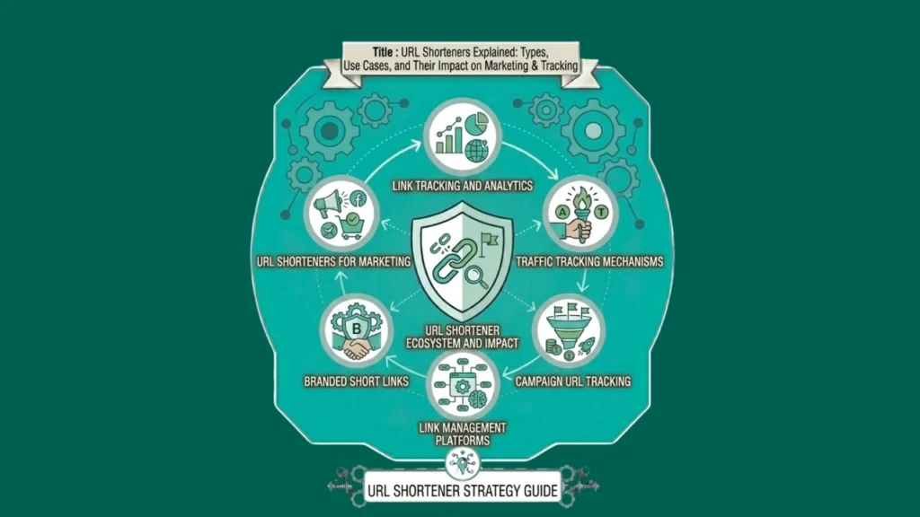A circular infographic focused on Understanding URL shorteners for marketing, showing icons for link tracking, brand protection, and performance analytics in a continuous loop.
