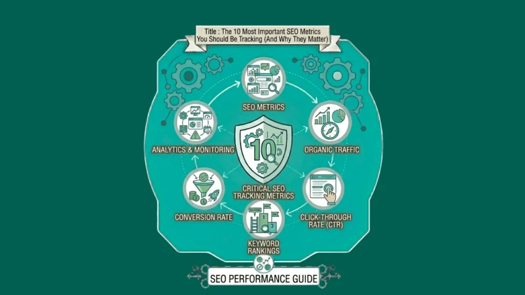 A circular teal infographic detailing essential SEO metrics, featuring icons for click-through rates, keyword rankings, organic traffic, and conversion monitoring.