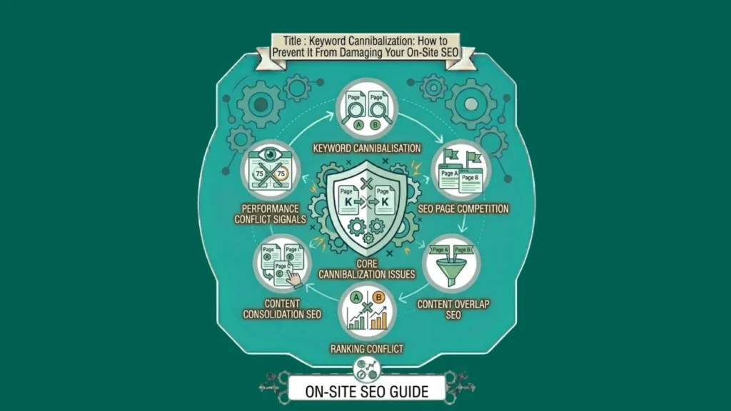 A circular teal infographic illustrating the process of identifying and fixing keyword cannibalization, featuring icons for content audits, page consolidation, and internal linking.