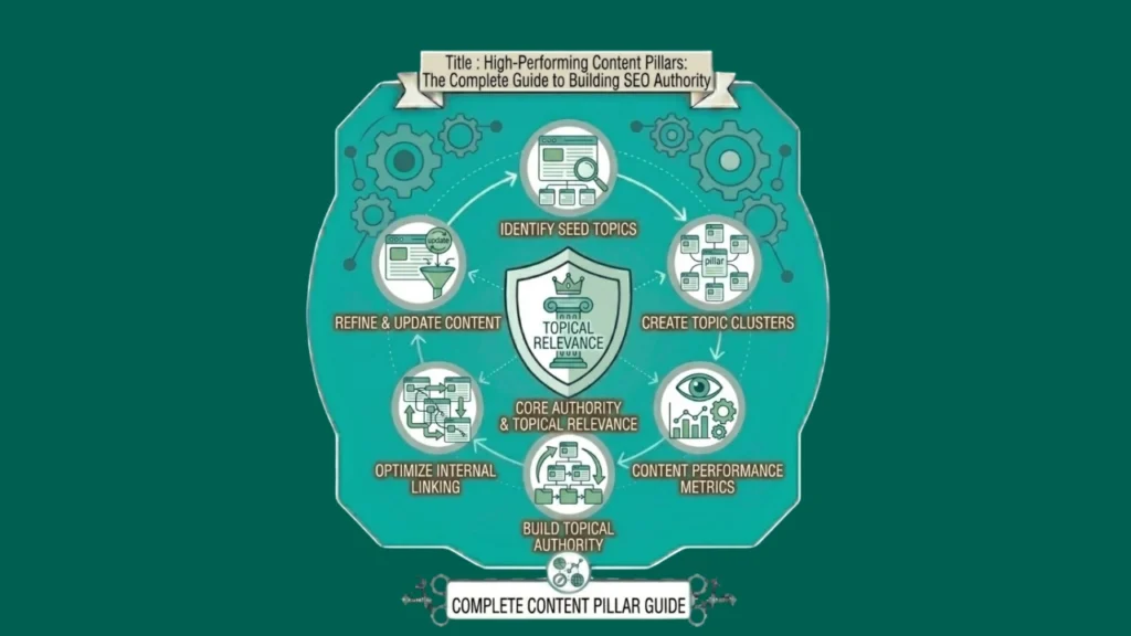 A teal circular infographic detailing the strategy for content pillars, featuring icons for topic selection, cluster content creation, internal linking, and authority building.