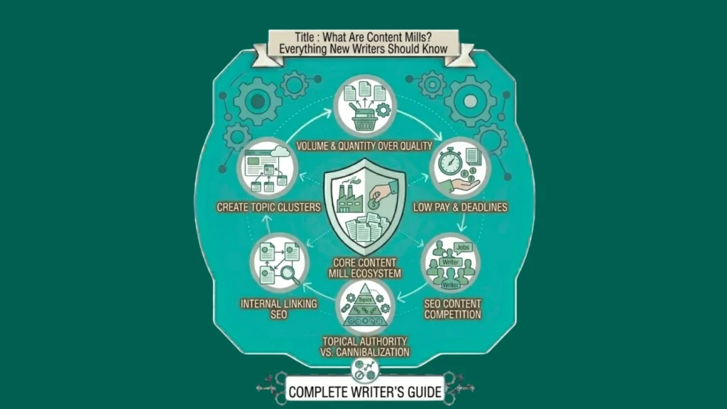 A circular teal infographic illustrating the high-volume production cycle of content mills, featuring icons for mass writing, low-cost scaling, and editorial quality control.