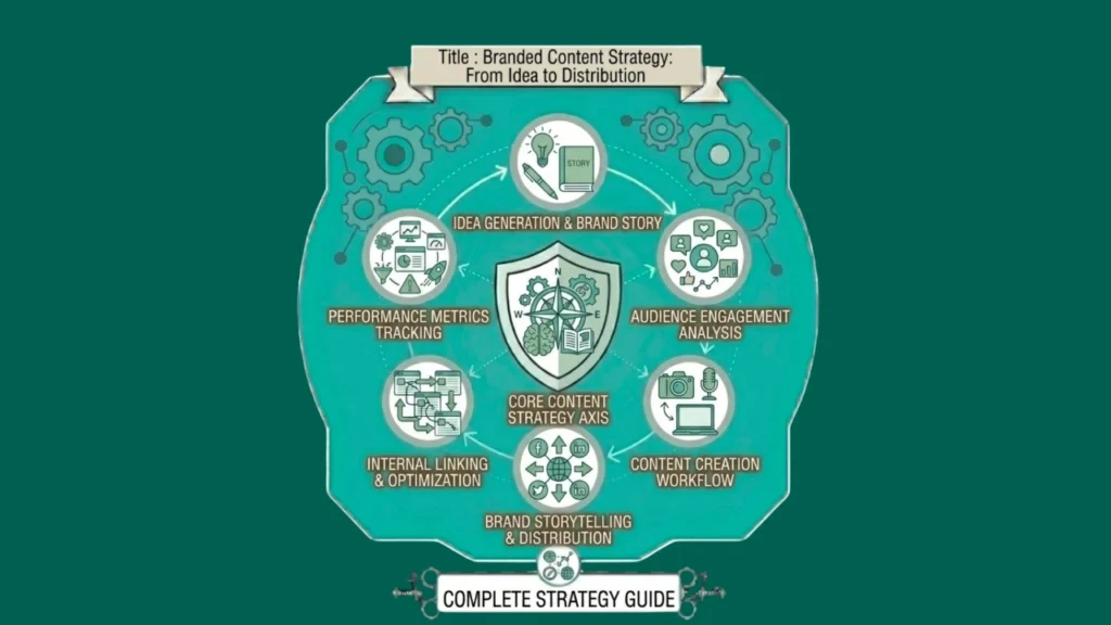 A circular teal infographic illustrating the lifecycle of a Branded Content Strategy, with icons for brand storytelling, audience engagement, content distribution, and loyalty tracking.