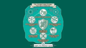 A circular teal infographic illustrating the lifecycle of a Branded Content Strategy, with icons for brand storytelling, audience engagement, content distribution, and loyalty tracking.