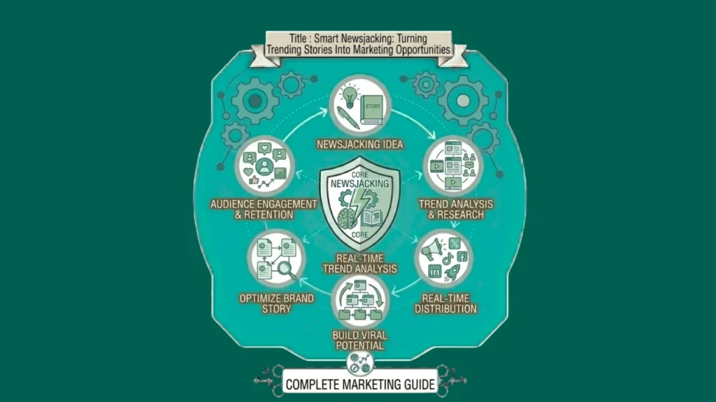 A circular teal infographic illustrating the newsjacking marketing process, showing icons for trend monitoring, rapid content creation, and real-time social engagement.
