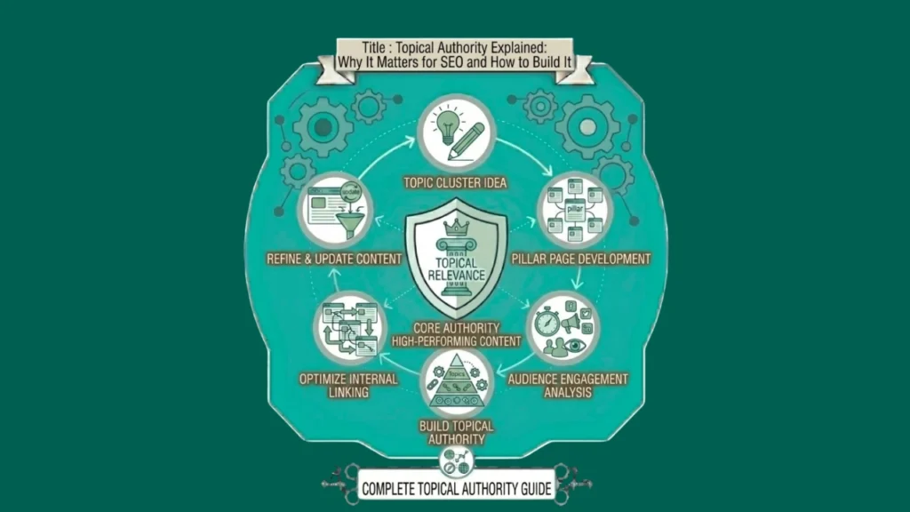 A circular infographic detailing the six-stage framework for building topical authority SEO through content clusters and expertise.