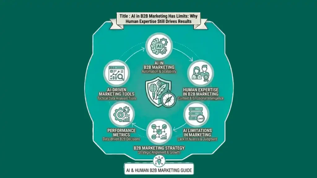 AI in B2B marketing concept with automation and analytics icons.