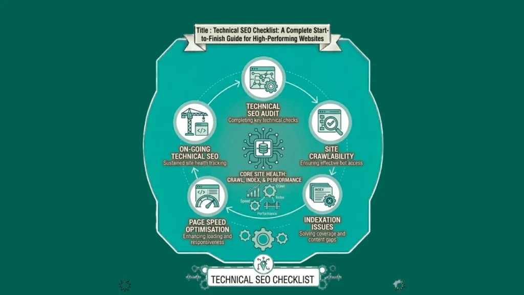 Technical SEO checklist concept with structured web elements.