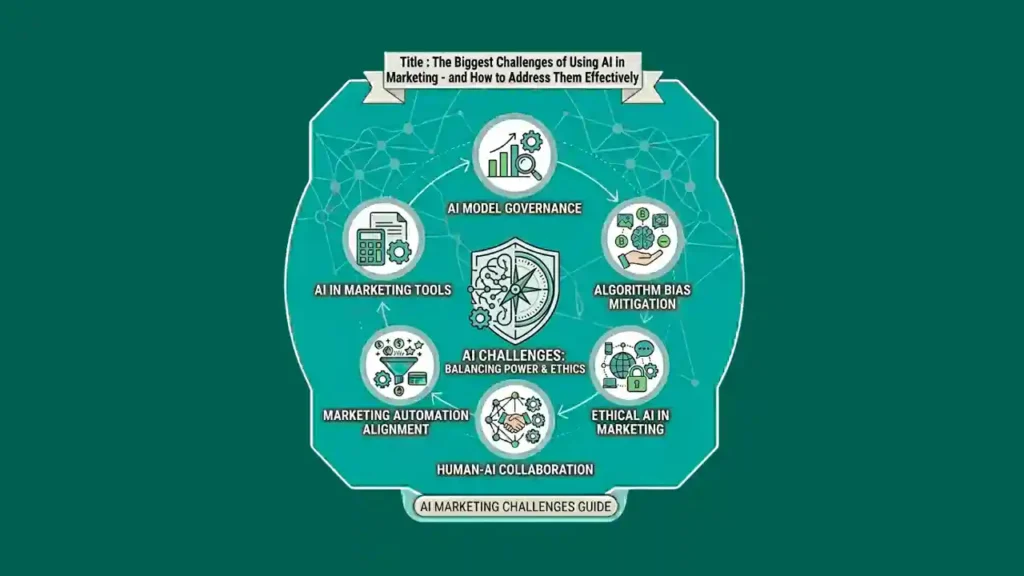 AI marketing challenges and solutions concept with digital icons.