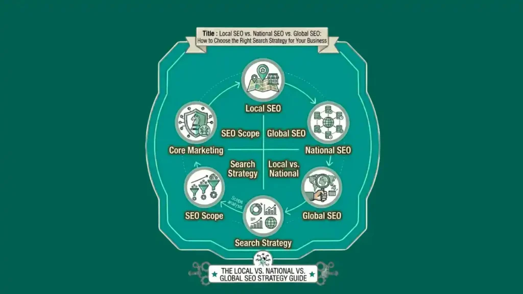 Local SEO vs National SEO vs Global SEO comparison infographic.
