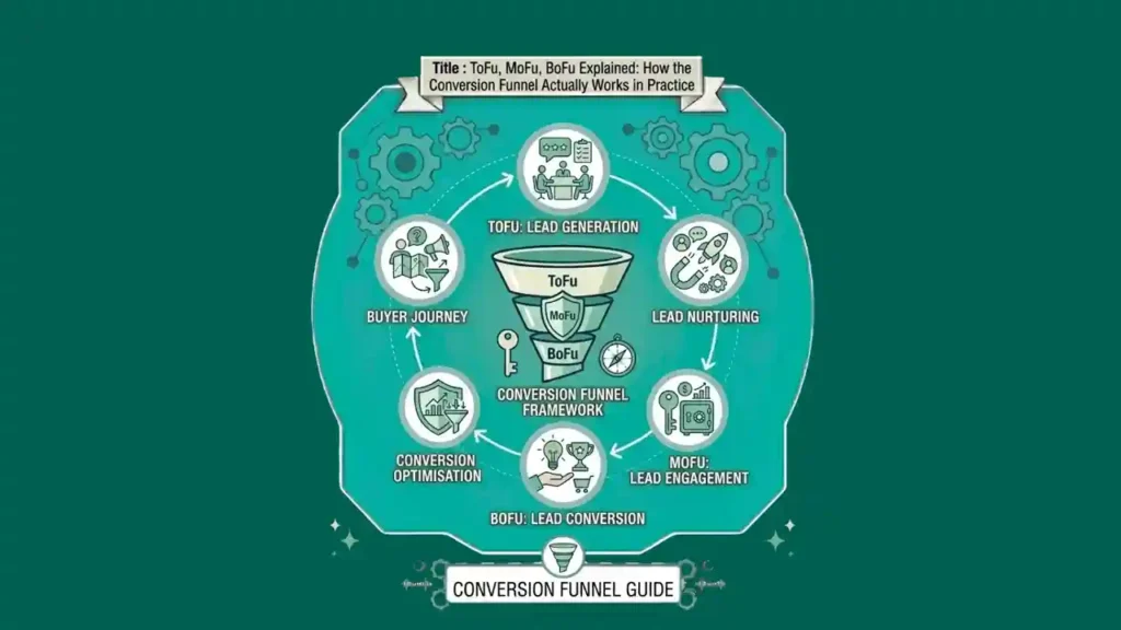 Conversion funnel infographic showing awareness, consideration, and conversion stages with marketing icons.