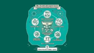Conversion funnel infographic showing awareness, consideration, and conversion stages with marketing icons.