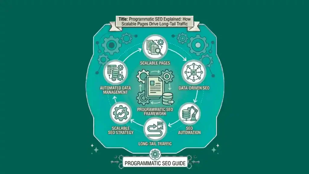 Scalable programmatic SEO strategy infographic showing automated content creation and ranking workflow.