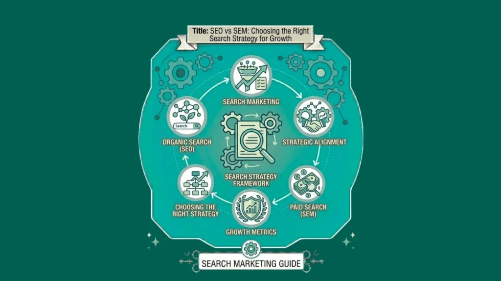 SEO vs SEM infographic comparing organic search optimization and paid search marketing strategies.