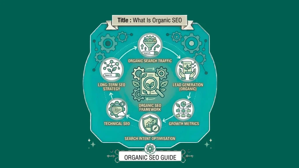 A circular infographic showing the continuous stages of an Organic SEO strategy, from research to analysis.