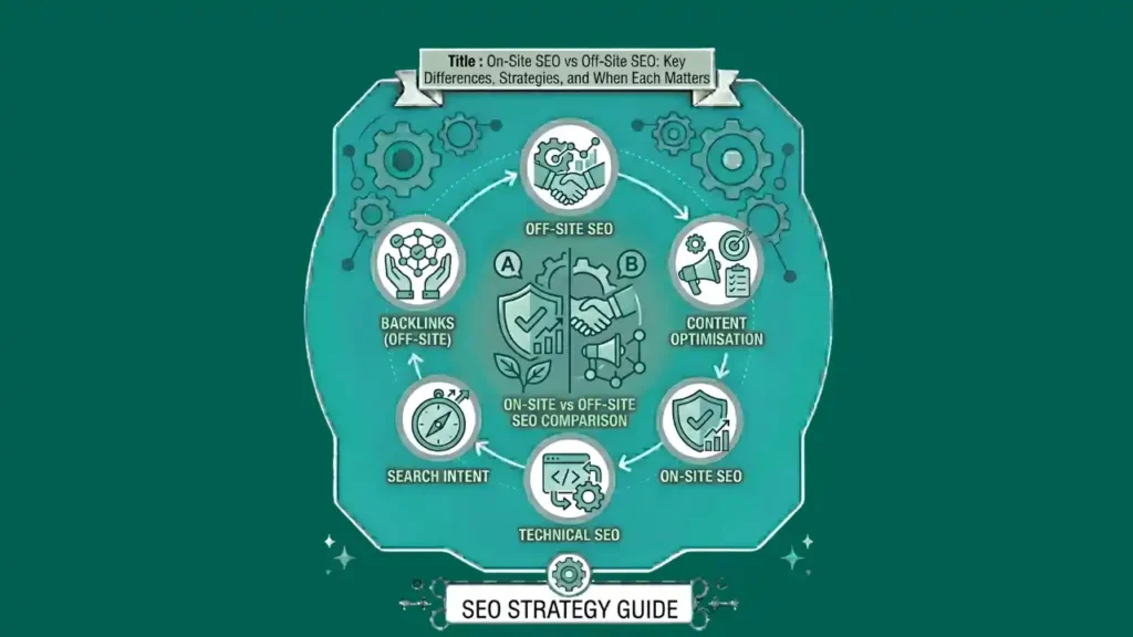 A teal infographic comparing On-Site SEO vs Off-Site SEO, showing a circular workflow of internal website optimizations and external authority-building tactics.