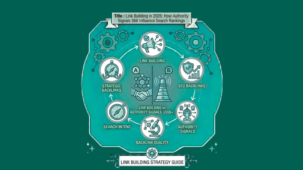 A circular infographic detailing the stages of link building in SEO, featuring icons for link prospecting, outreach, content creation, and authority monitoring.