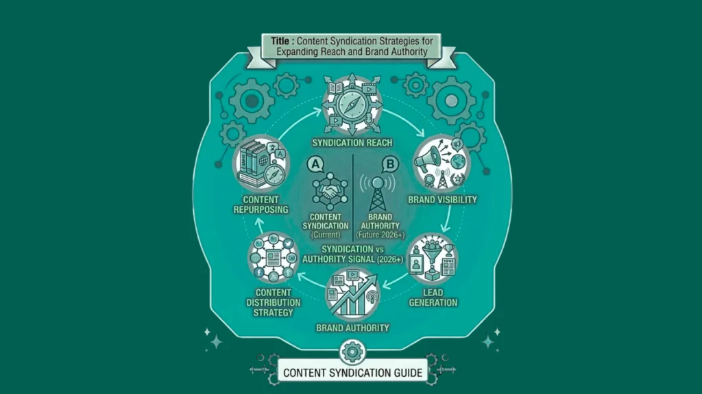 An infographic illustrating various Content Syndication Strategies in a circular workflow, featuring icons for platform selection, audience targeting, content adaptation, and performance tracking.