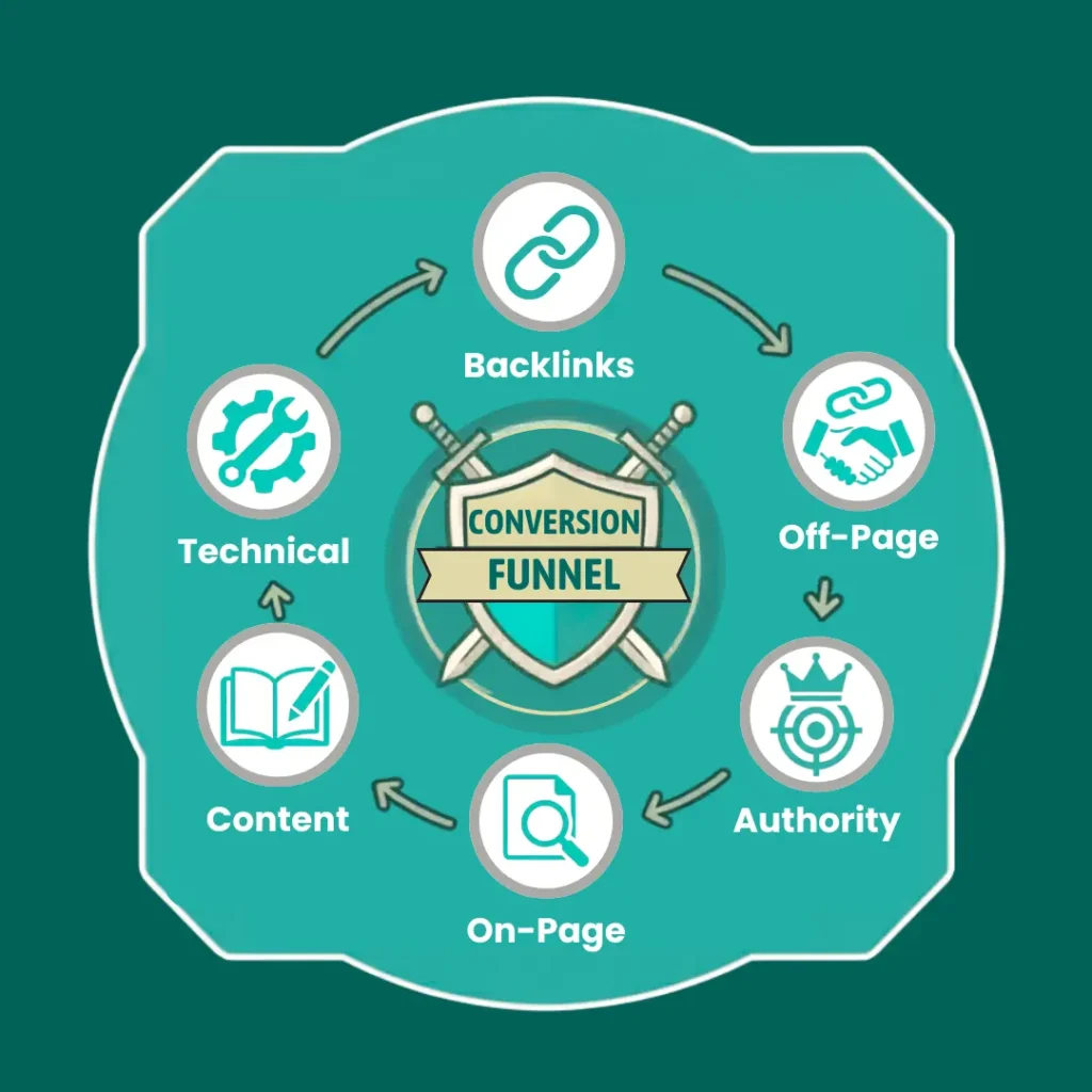 Conversion funnel infographic showing awareness, consideration, and conversion stages with marketing icons.