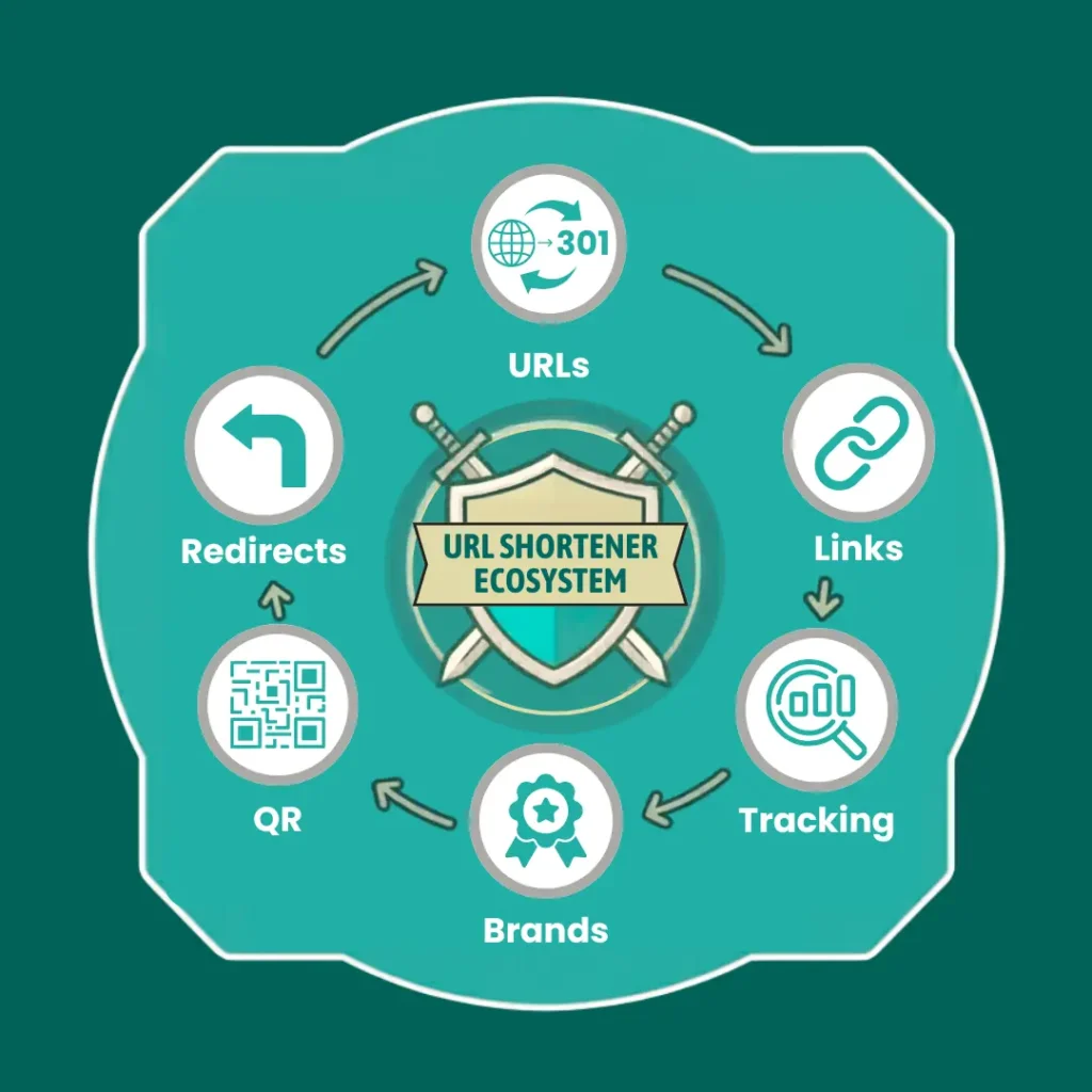 A circular infographic focused on Understanding URL shorteners for marketing, showing icons for link tracking, brand protection, and performance analytics in a continuous loop.