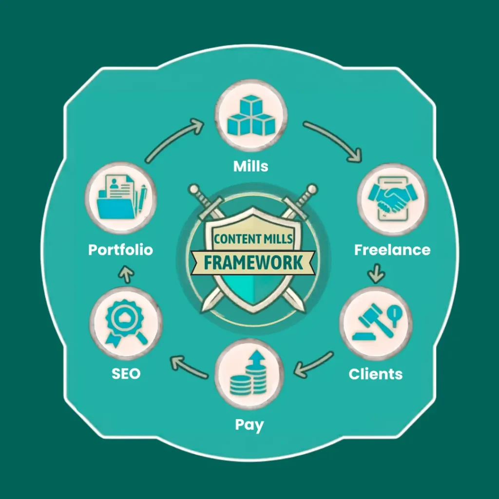 A circular teal infographic illustrating the high-volume production cycle of content mills, featuring icons for mass writing, low-cost scaling, and editorial quality control.