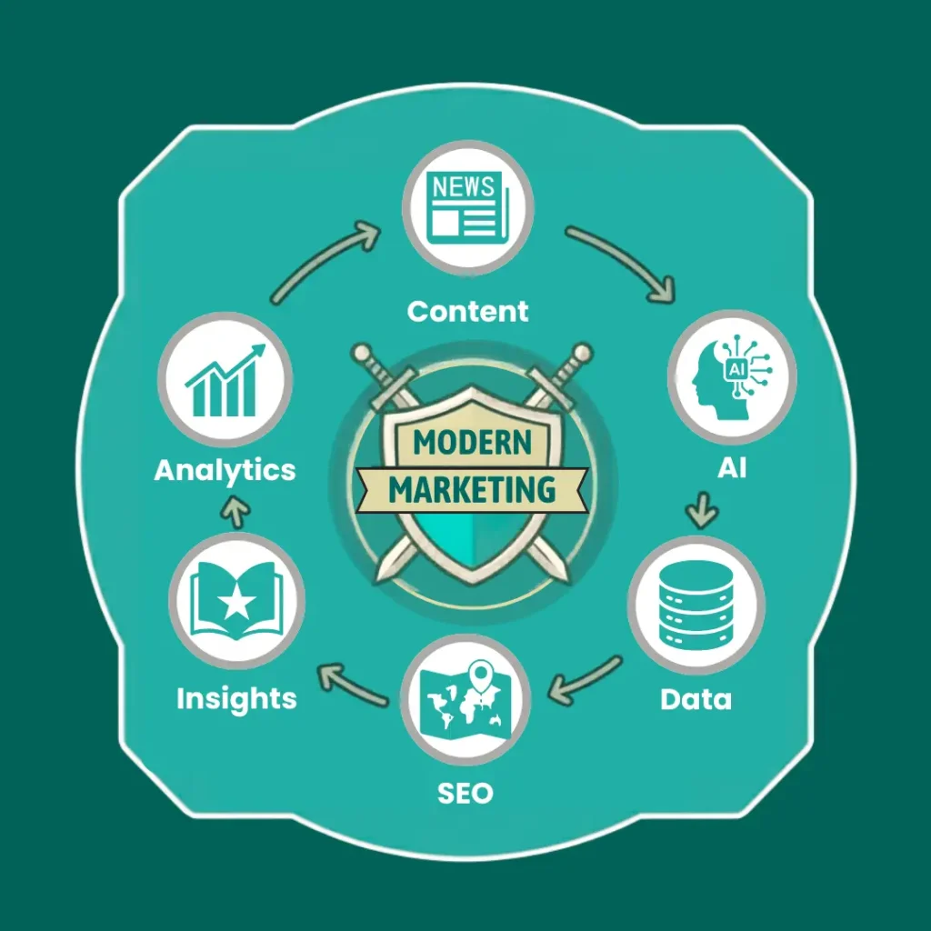 A circular infographic illustrating the workflow of Content Intelligence in Modern Marketing, featuring icons for data analysis, audience insights, and content optimization.
