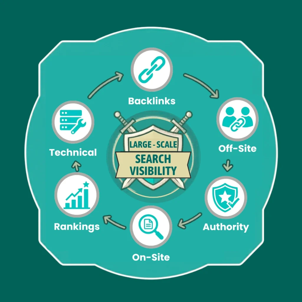 Programmatic SEO concept with automation and scalable content icons.