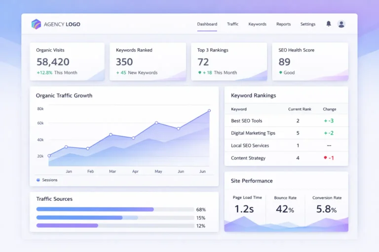 White-label SEO reporting dashboard showing client performance metrics and analytics