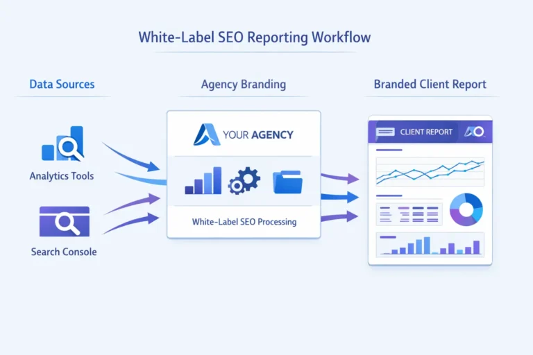 White-label SEO reporting dashboard with analytics, rankings, and client reports