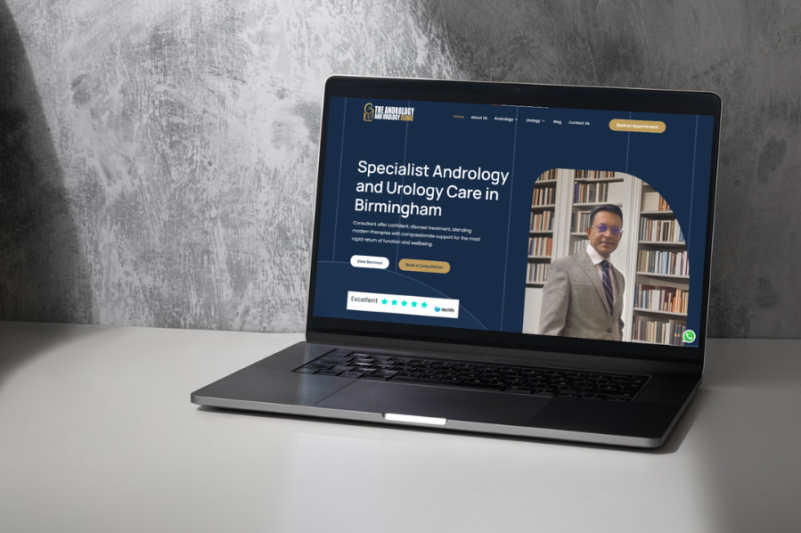 Desktop computer displaying the Urology and Men’s Health Clinic website, representing healthcare industry-focused marketing and specialist medical website design solutions.
