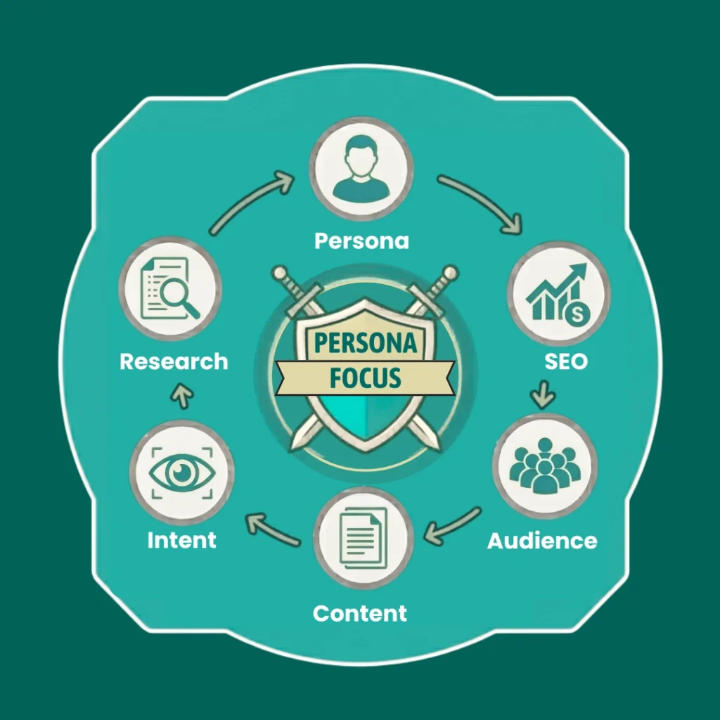 Content persona for blog strategy with audience and marketing icons.