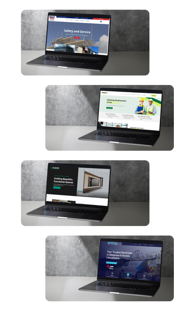 Collection of construction company websites displayed on laptops, representing industry-focused marketing solutions for construction, trade, and building service businesses.