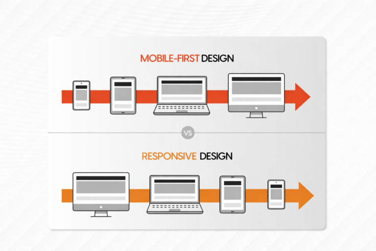 Mobile-first design vs responsive design infographic for SEO and mobile website optimisation.