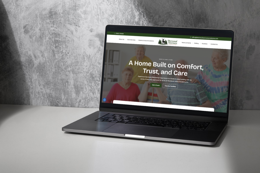 Desktop computer displaying the Deerwood Sanctuary website for care and community marketing in the UK.
