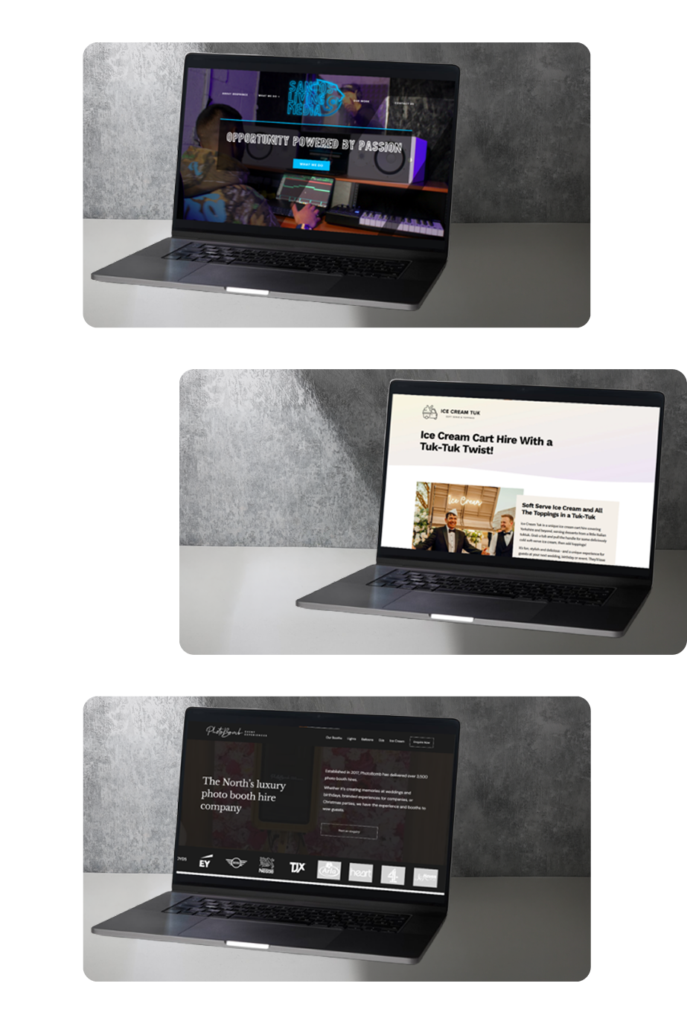 Collection of event and creative industry website designs displayed on laptops, representing industry-focused marketing solutions for event agencies, entertainment businesses, and creative brands.