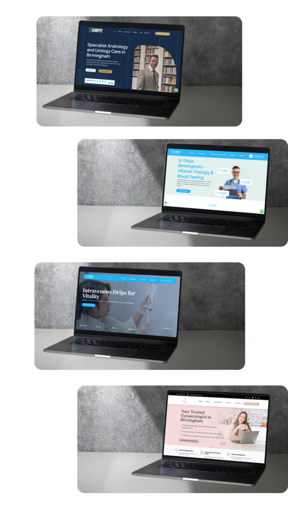 Collection of healthcare website designs displayed on laptops, representing industry-focused marketing solutions for medical clinics, IV therapy services, and healthcare providers.