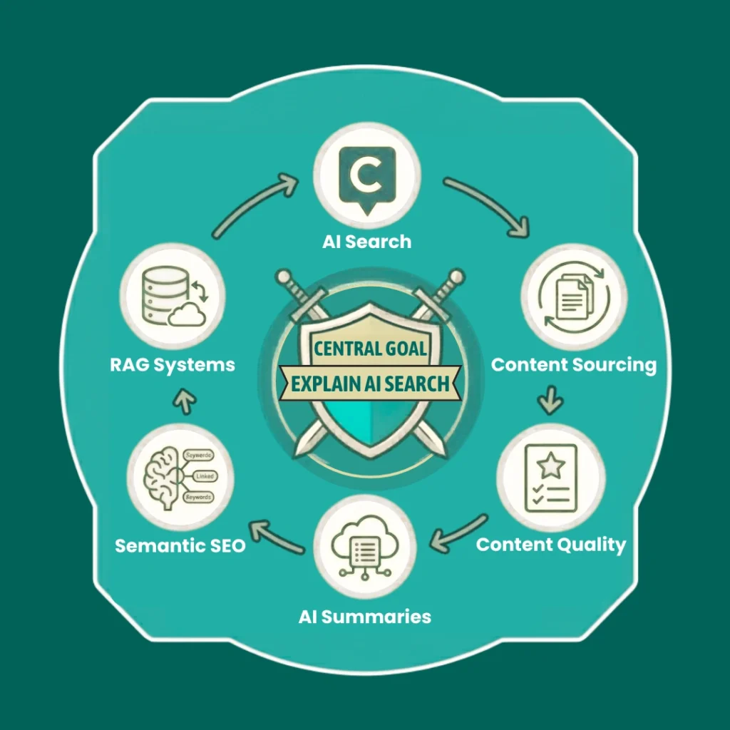 AI search engines infographic showing content evaluation, semantic search, trust signals, and AI-driven search optimisation.