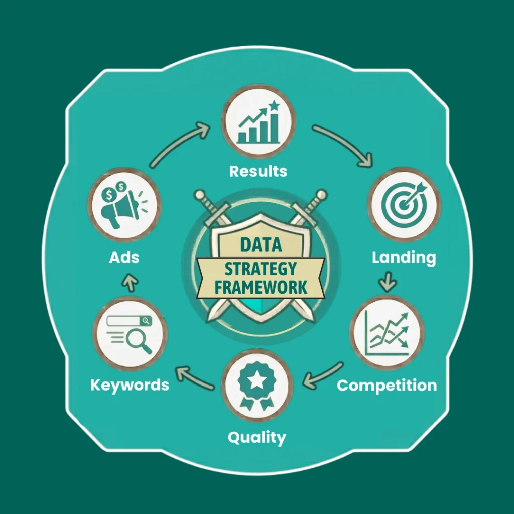 Data strategy for business concept with analytics and technology icons.