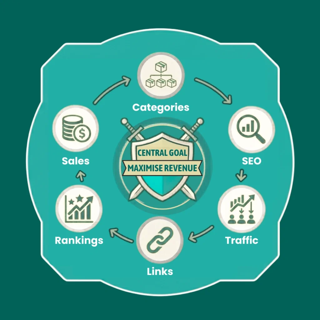 Category page optimisation for SEO infographic showing ecommerce rankings, conversions, and internal linking strategies.