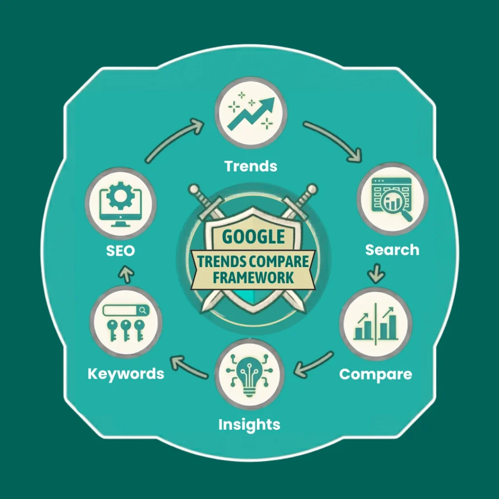 Google Trends keyword comparison concept with analytics and search icons.