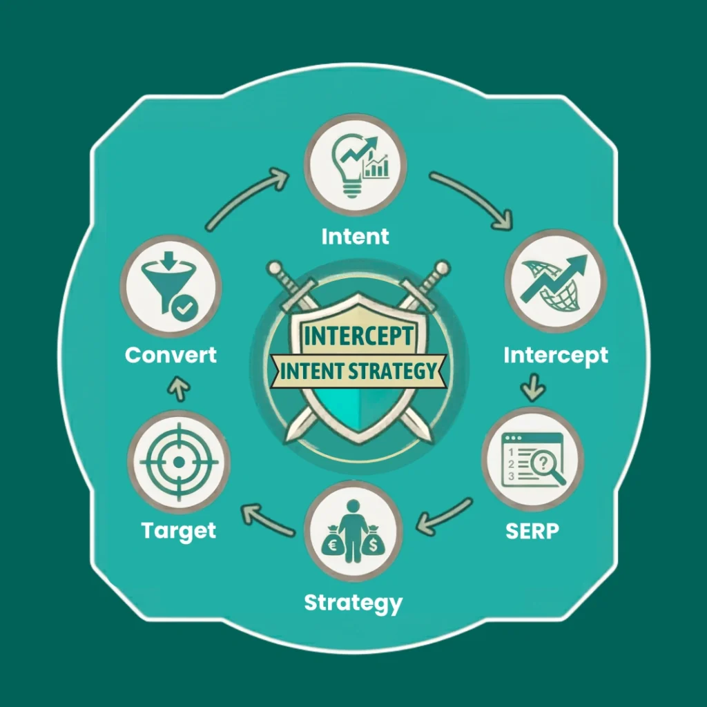 Intercept keywords concept with SEO and search analytics icons.