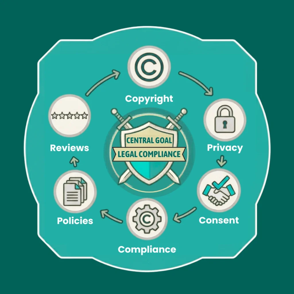 Legal aspects of blogging and content marketing infographic showing compliance, copyright, privacy, and brand protection strategies.