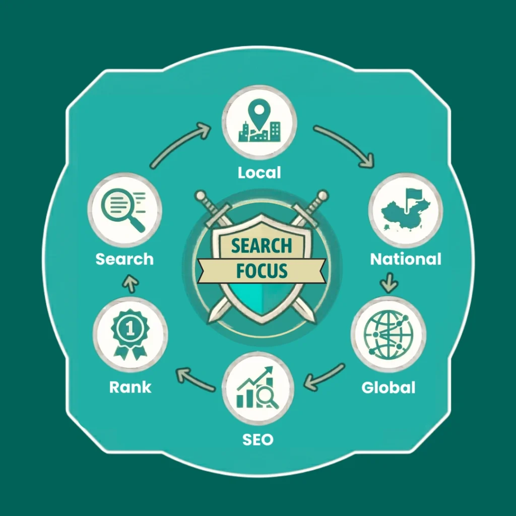 Local SEO vs National SEO vs Global SEO comparison infographic.