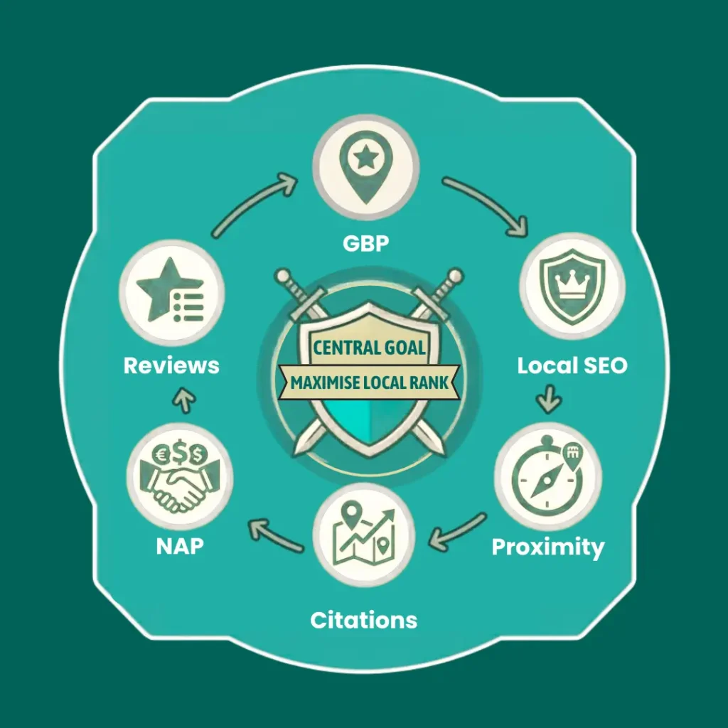 Local Search Ranking Factors infographic showing Google Maps visibility, reviews, citations, and local SEO signals.