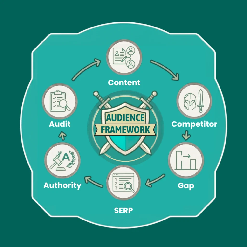 Competitive content analysis concept with SEO and analytics icons.