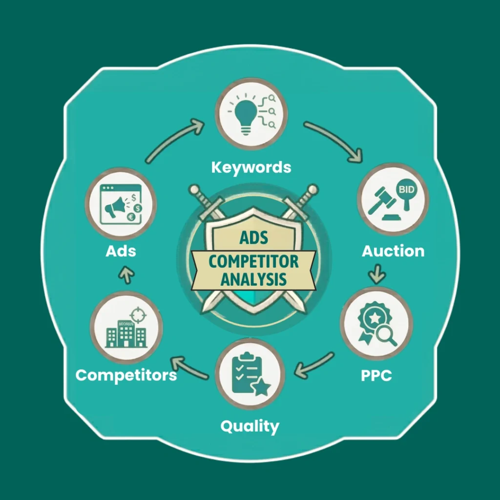 Google Ads competitor analysis concept with marketing and analytics icons.